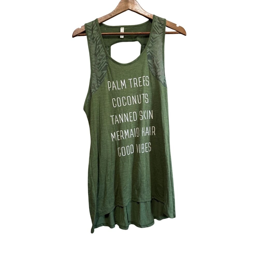 Francescas Graphic Tank Top Womens Medium Green Excellent Lace Back Beachy